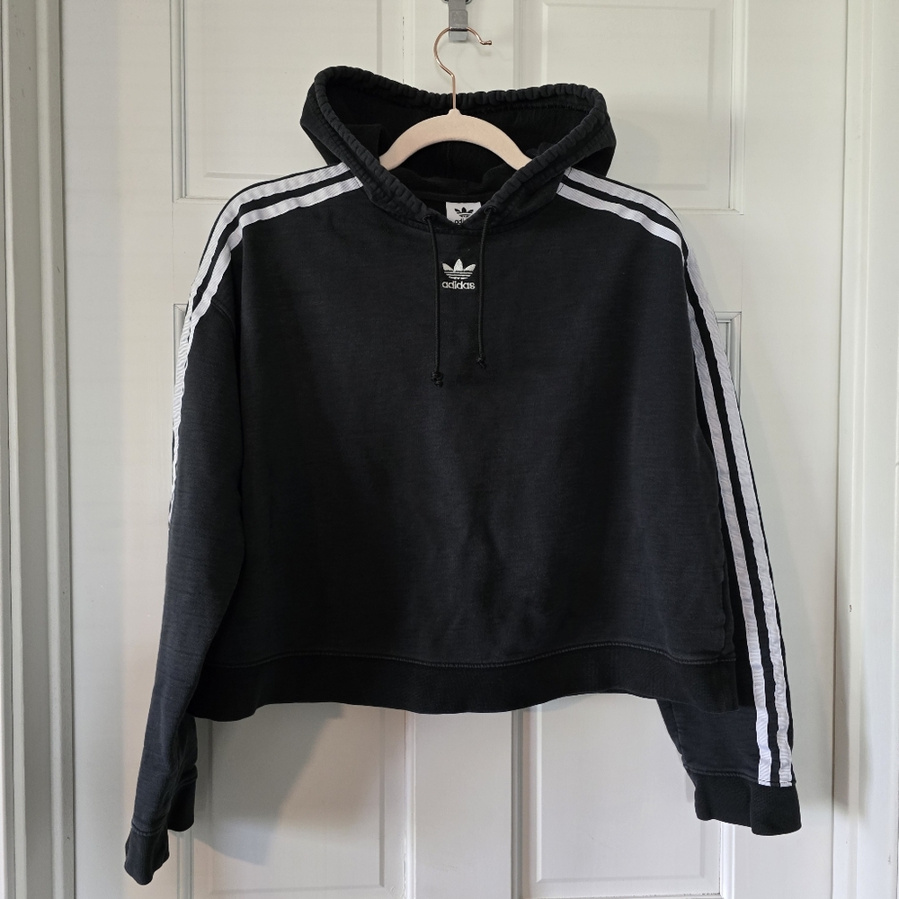 Adidas Cropped‎ Hoodie Sweatshirt Pullover 3-Stripe Long Sleeve Top
